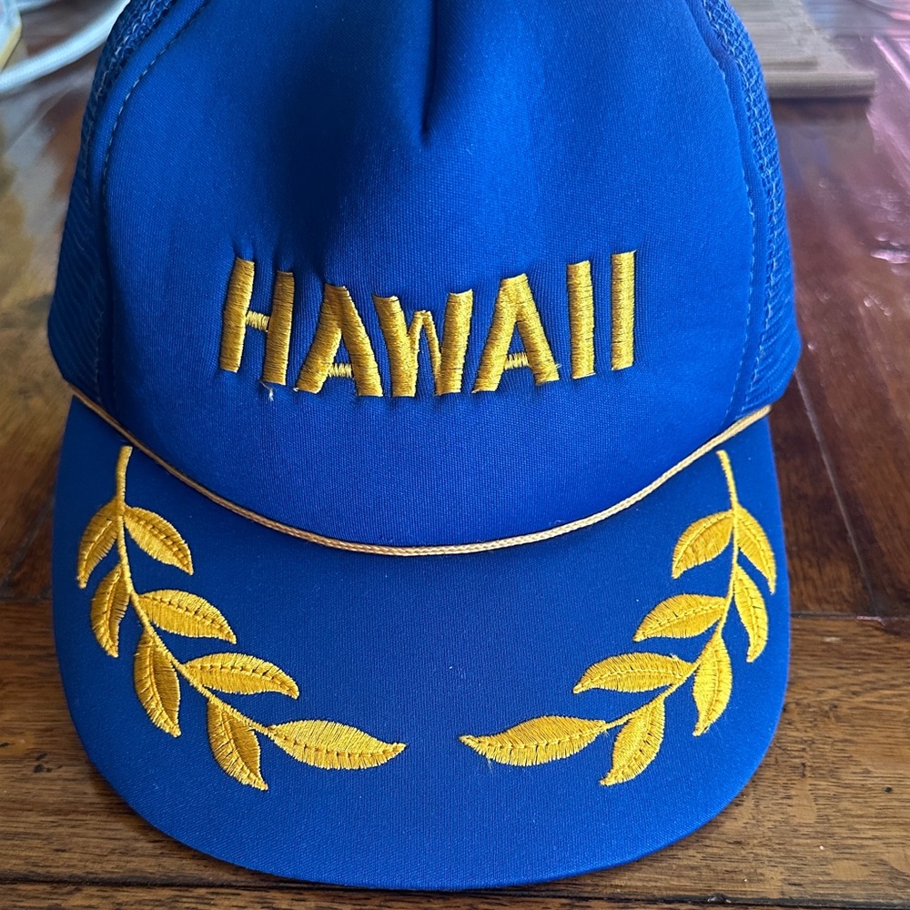 Vintage 80s Hawaii Gold Blue Snapback Trucker Hat Retro Skater Funky Dad